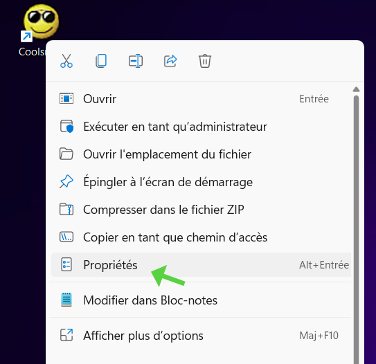 Propriétés sur le raccourci